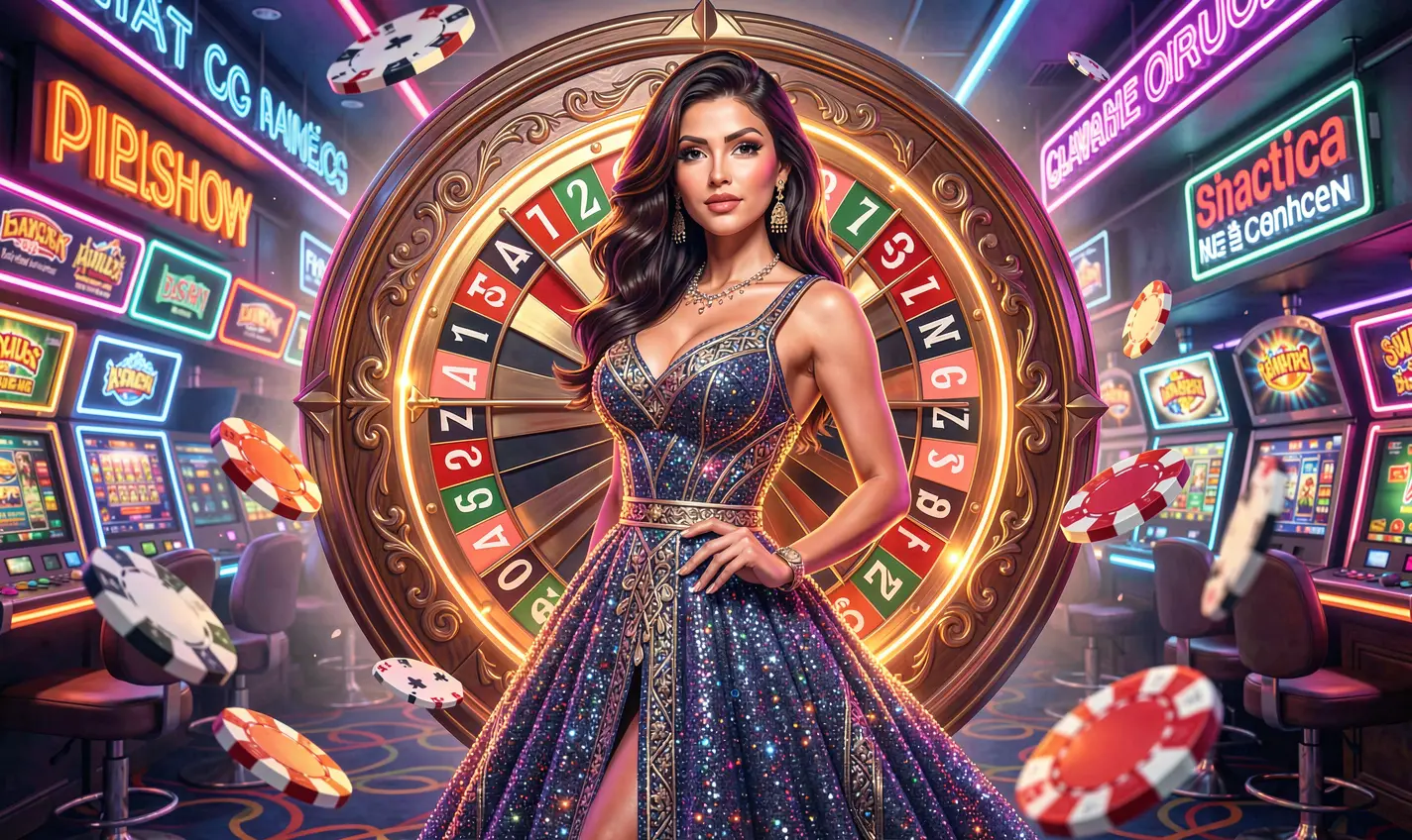 Stylish casino woman in a dazzling dress framed by a bright roulette wheel highlighting the vibrant casino bonus environment at 54OK for players in Bangladesh