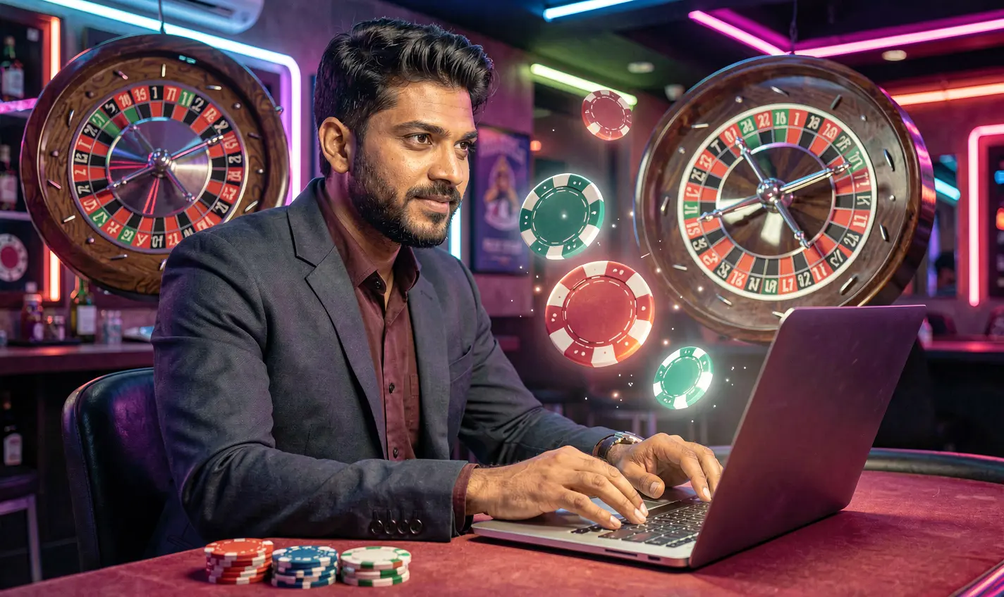Serious Bangladeshi online casino player focused on laptop gameplay with glowing roulette wheels and digital casino visuals on the 54OK games platform