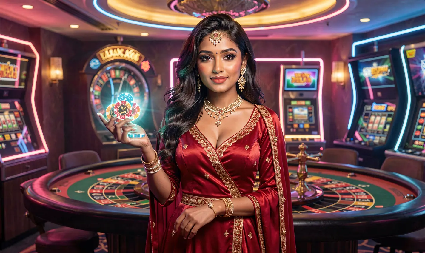 Stylish casino woman holding poker chips with a roulette wheel behind her representing the thrilling live casino atmosphere at 54OK in Bangladesh