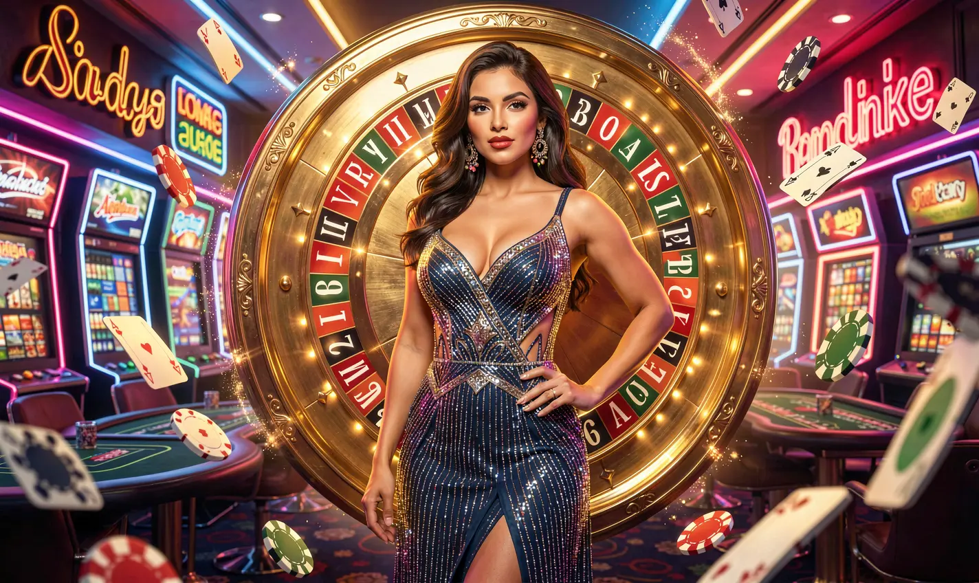 A glamorous casino hostess in a sparkling evening dress standing before a glowing roulette wheel with flying chips reflecting the luxury gaming atmosphere of 54OK in Bangladesh