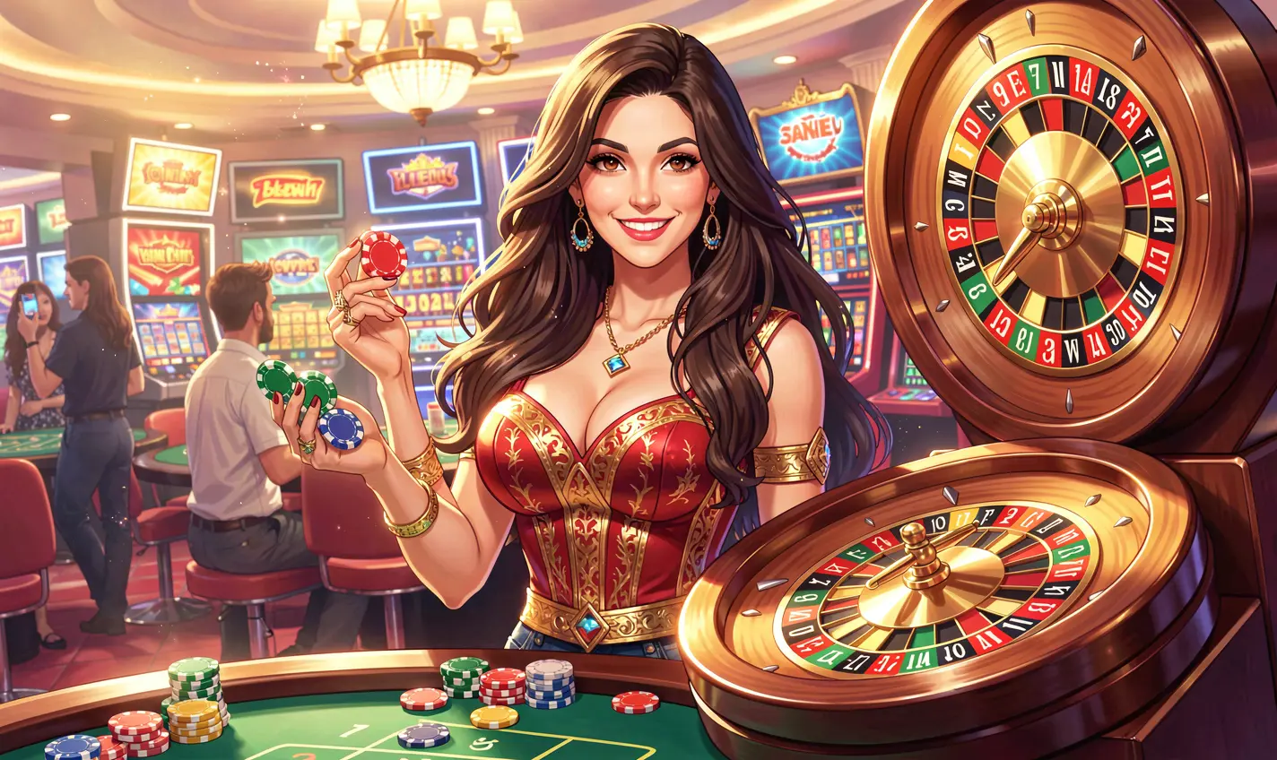 Stylish casino woman holding poker chips in a vibrant gaming environment representing the thrilling casino experience at 54OK for players in Bangladesh