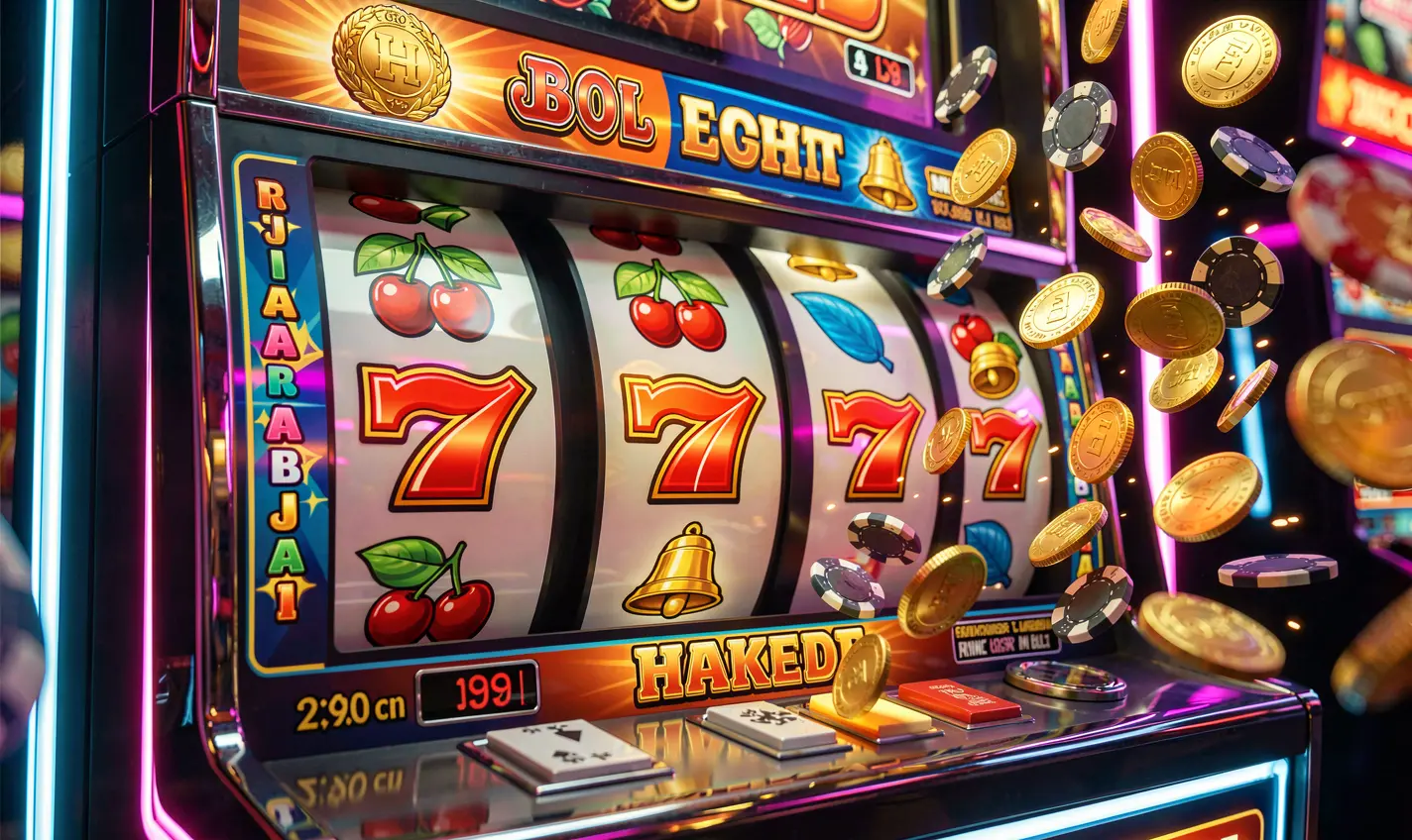 Bright and colorful slot machine with triple sevens and flying coins representing big wins and excitement at 54OK online casino in Bangladesh